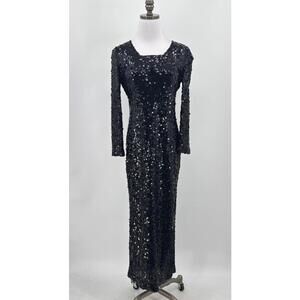 St. John Black All Over Sequin Side Slit Long Sleeve Straight Dress Sz 4